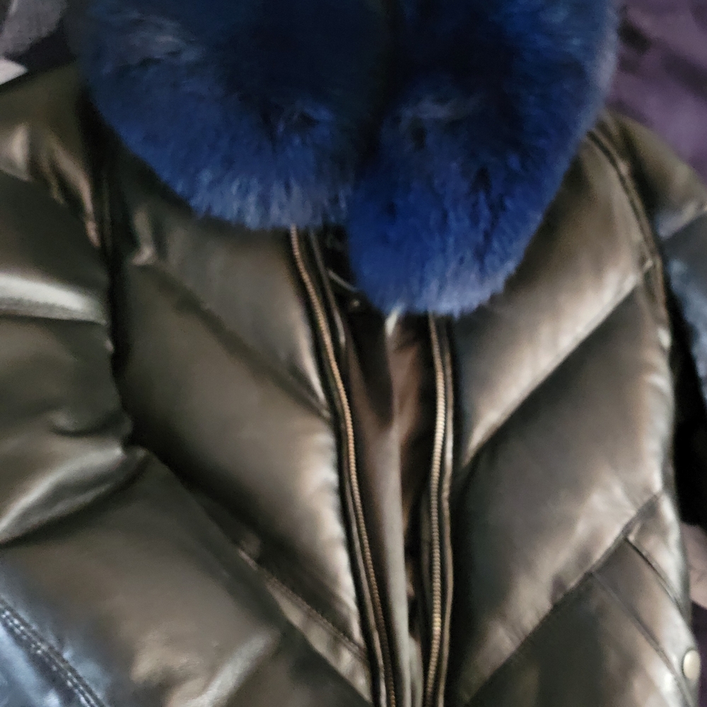 Blue and Black Puffer Jacket with Luxurious Fur Trim